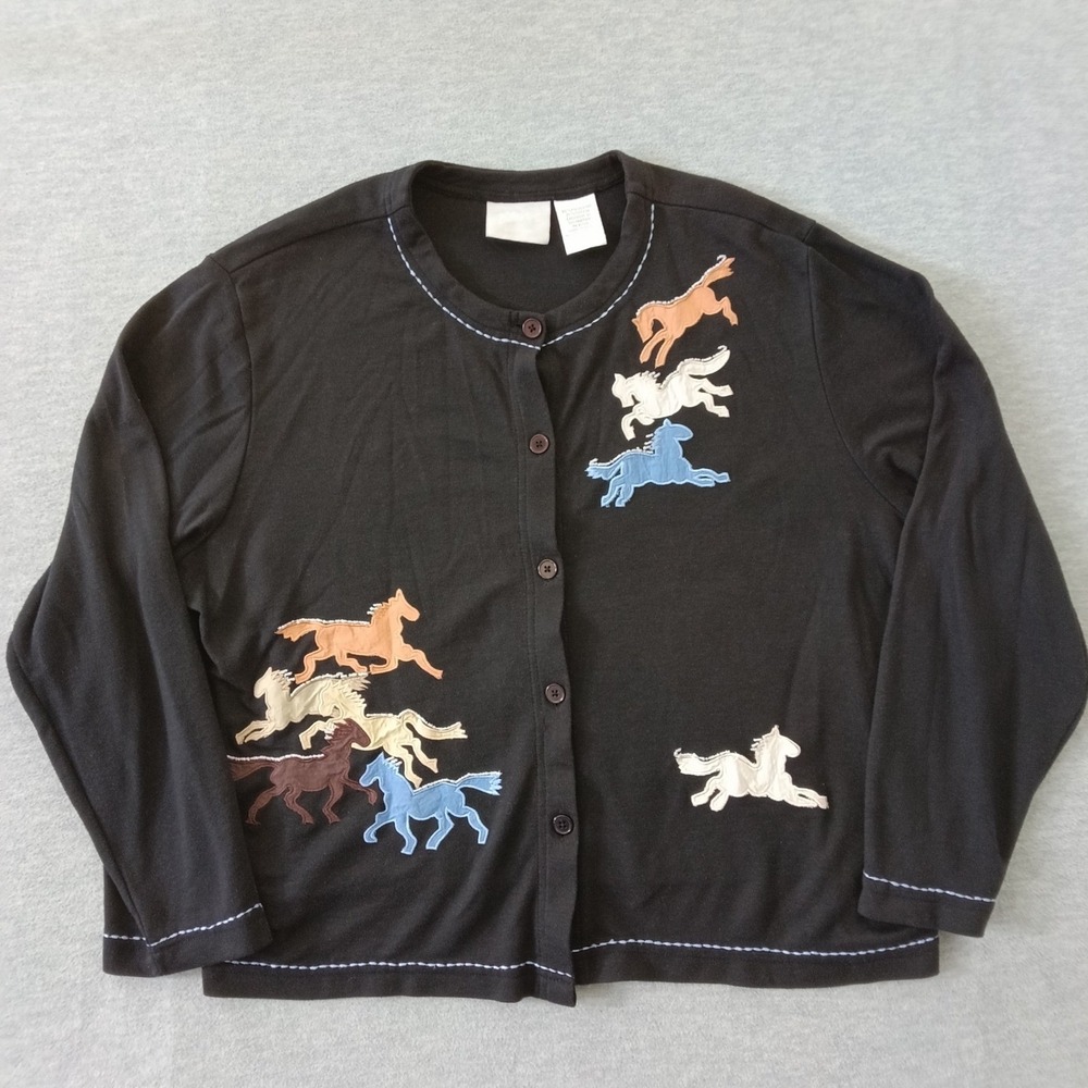 Blair Womens XL Black Horse Applique Beaded Button Front Cardigan Top 3253411